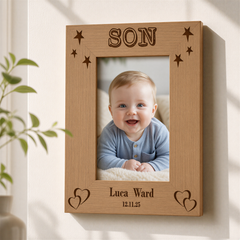 Personalised Son Photo Frame - Engraved Wooden Portrait Gift With Name & Birth Date Photo Frame ukgiftstoreonline