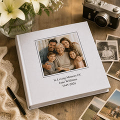 a white photo album with a family portrait on the cover, placed on a wooden surface alongside a camera and some photographs.