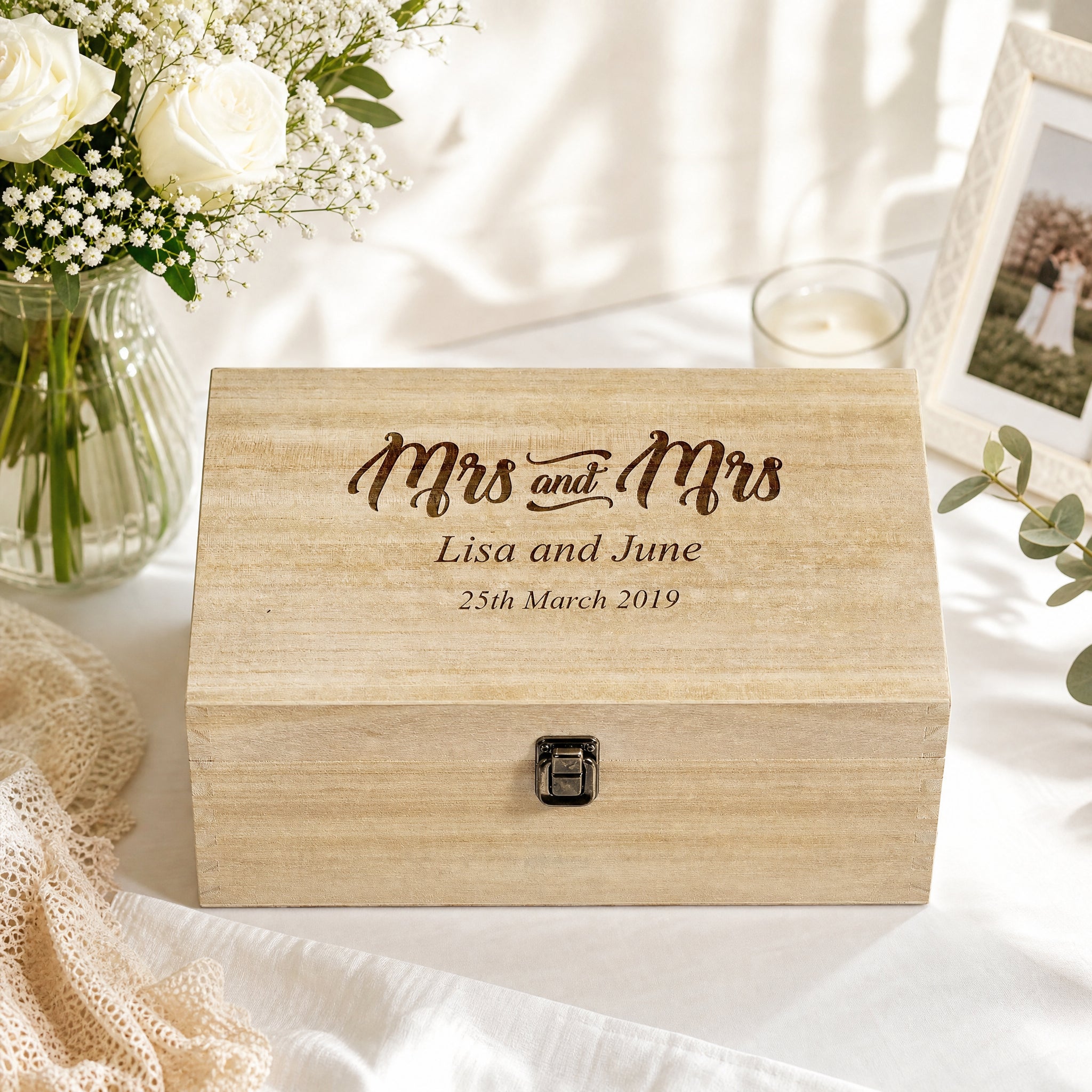 Personalised Wedding Gift | Mrs & Mrs Wooden Keepsake Box Engraved Keepsake Memory Box Raised Words