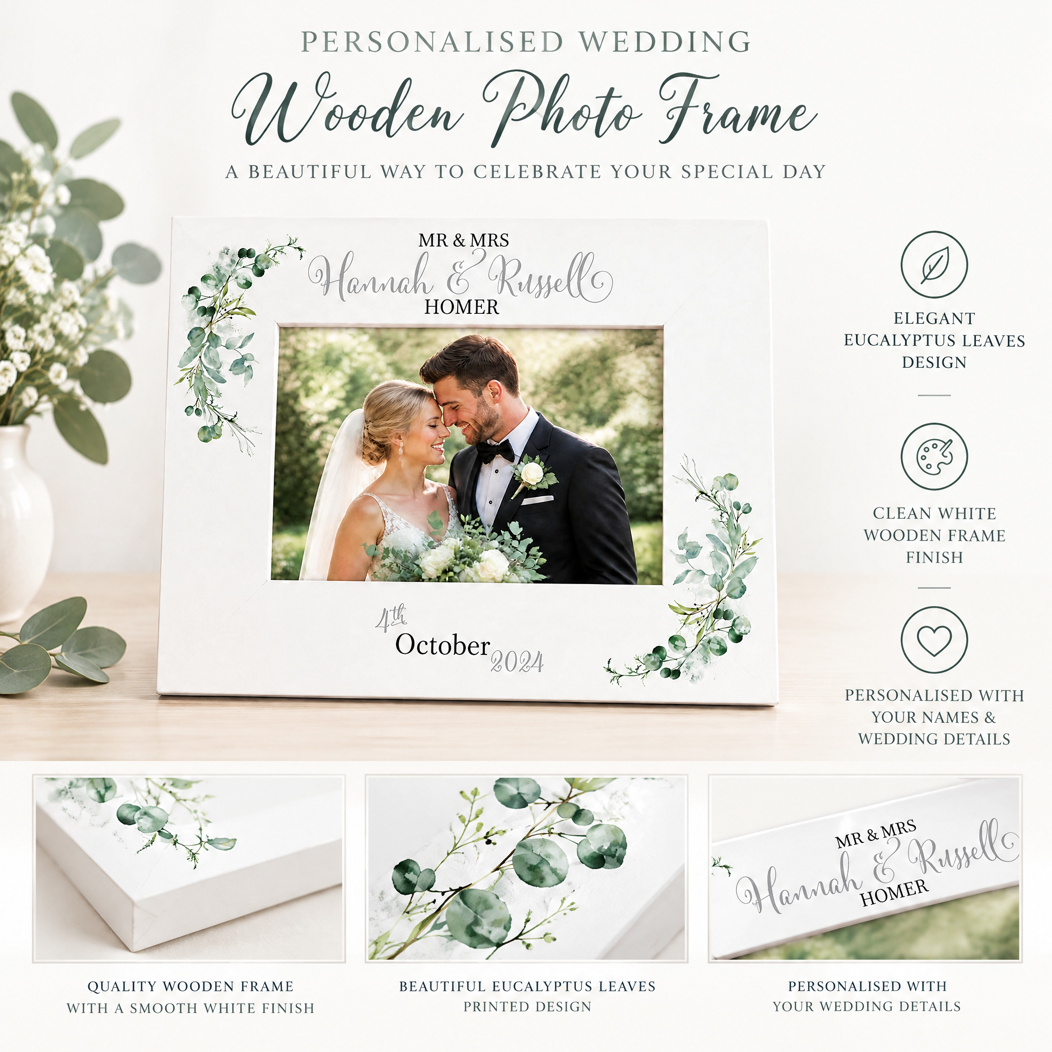 Personalised Wedding Day Photo Frame Gift With Eucalyptus Leaves Photo Frame ukgiftstoreonline