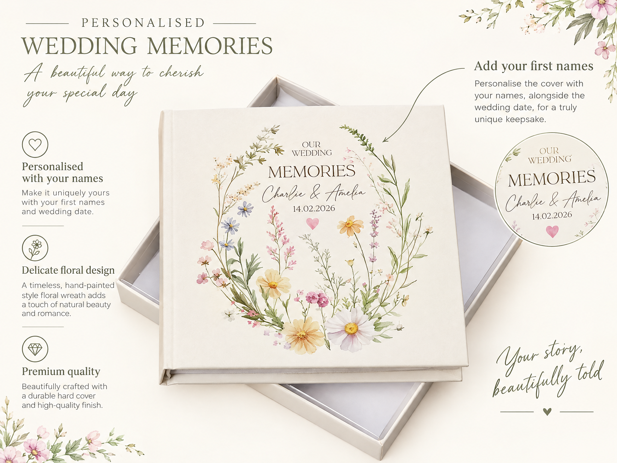 Personalised Wedding Photo Album, Floral Gift Boxed Keepsake Gift