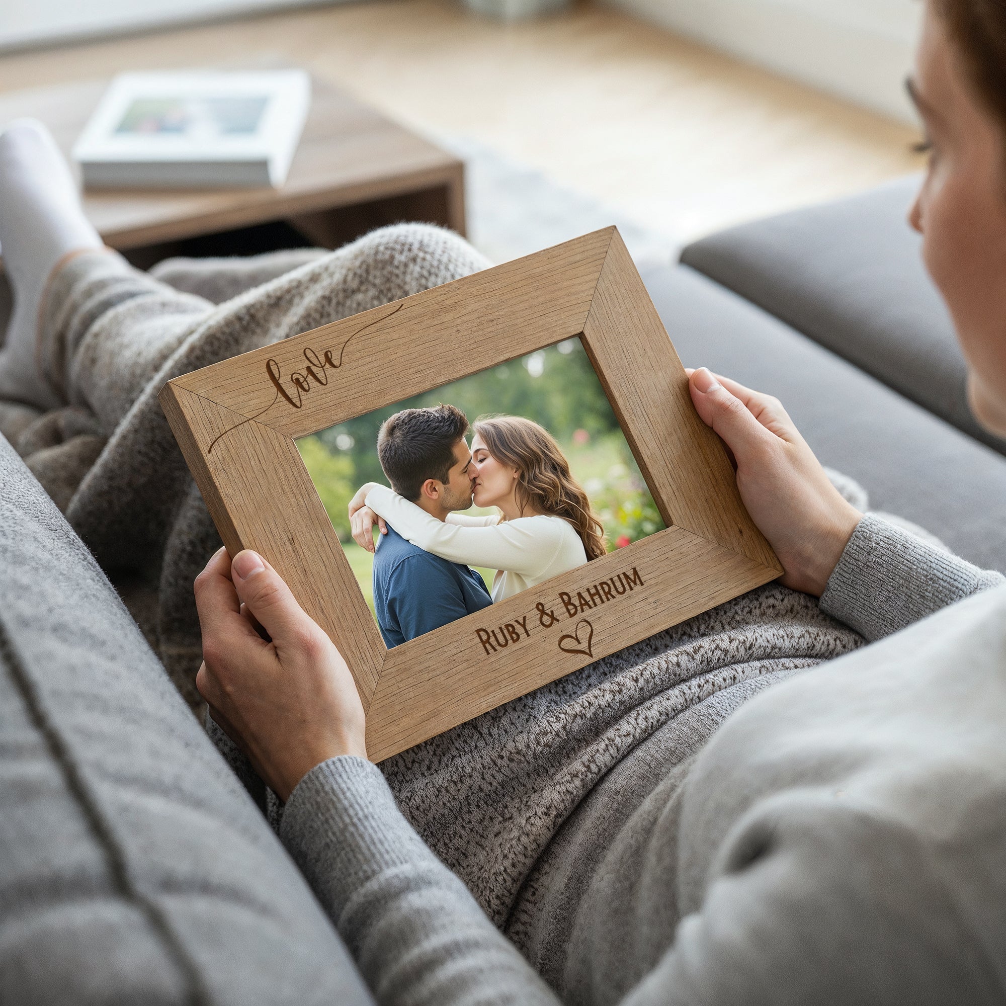 Personalised Love Photo Frame Gift Swish Heart Landscape Engraved Wooden personalised photo frames ukgiftstoreonline