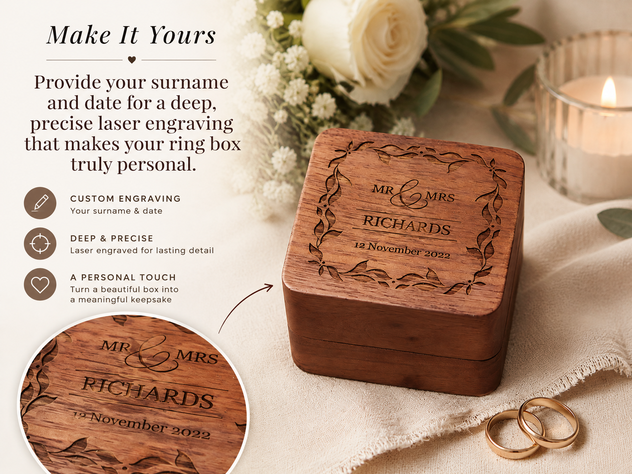 Personalised Wedding Ring Box Holder for 2 Rings With Border Ring Box Holder ukgiftstoreonline