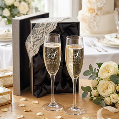 Personalised Wedding Champagne Engraved Flutes – Custom Initial Glasses With Luxury Gift Box Personalised Champagne Glasses ukgiftstoreonline