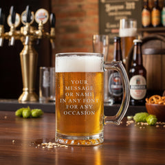Personalised Engraved Beer Stein with Thumb Handle, 520ml Capacity, Laser Etched Glass Mug, Dishwasher Safe, Gift Box, 150mm High personalised beer glasses ukgiftstoreonline