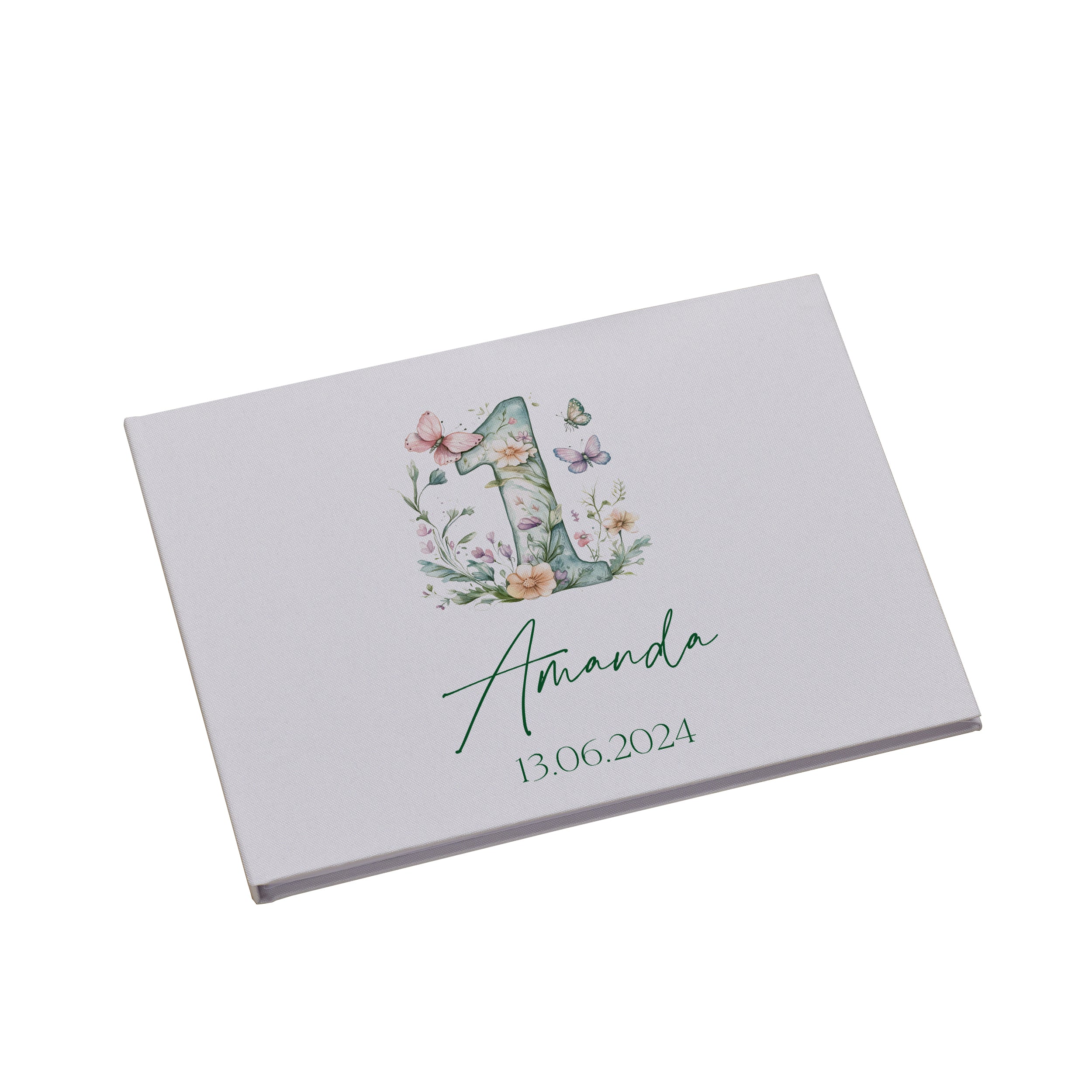 Personalised Luxury Large A4 1st Birthday Linen Cover Guestbook With Flowers and Butterflies