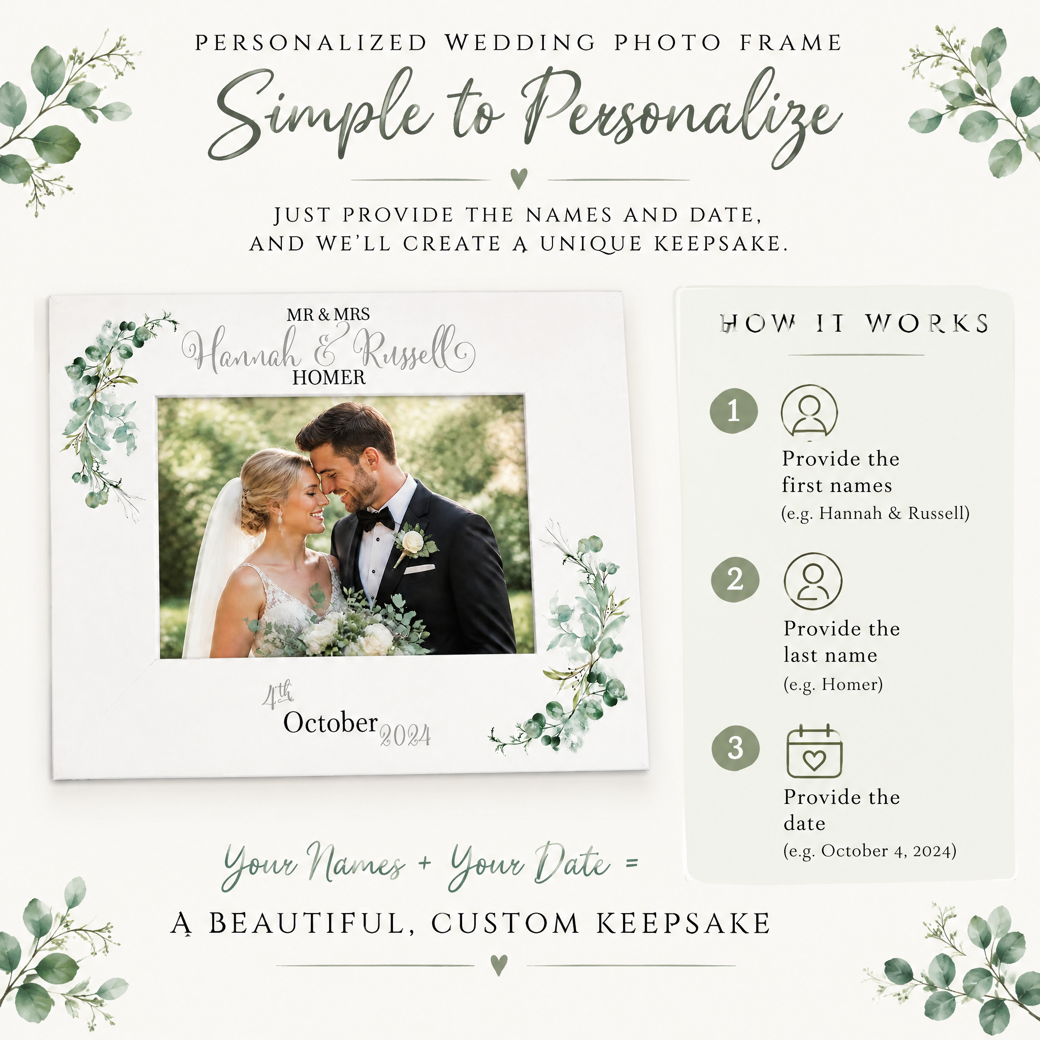 Personalised Wedding Day Photo Frame Gift With Eucalyptus Leaves Photo Frame ukgiftstoreonline