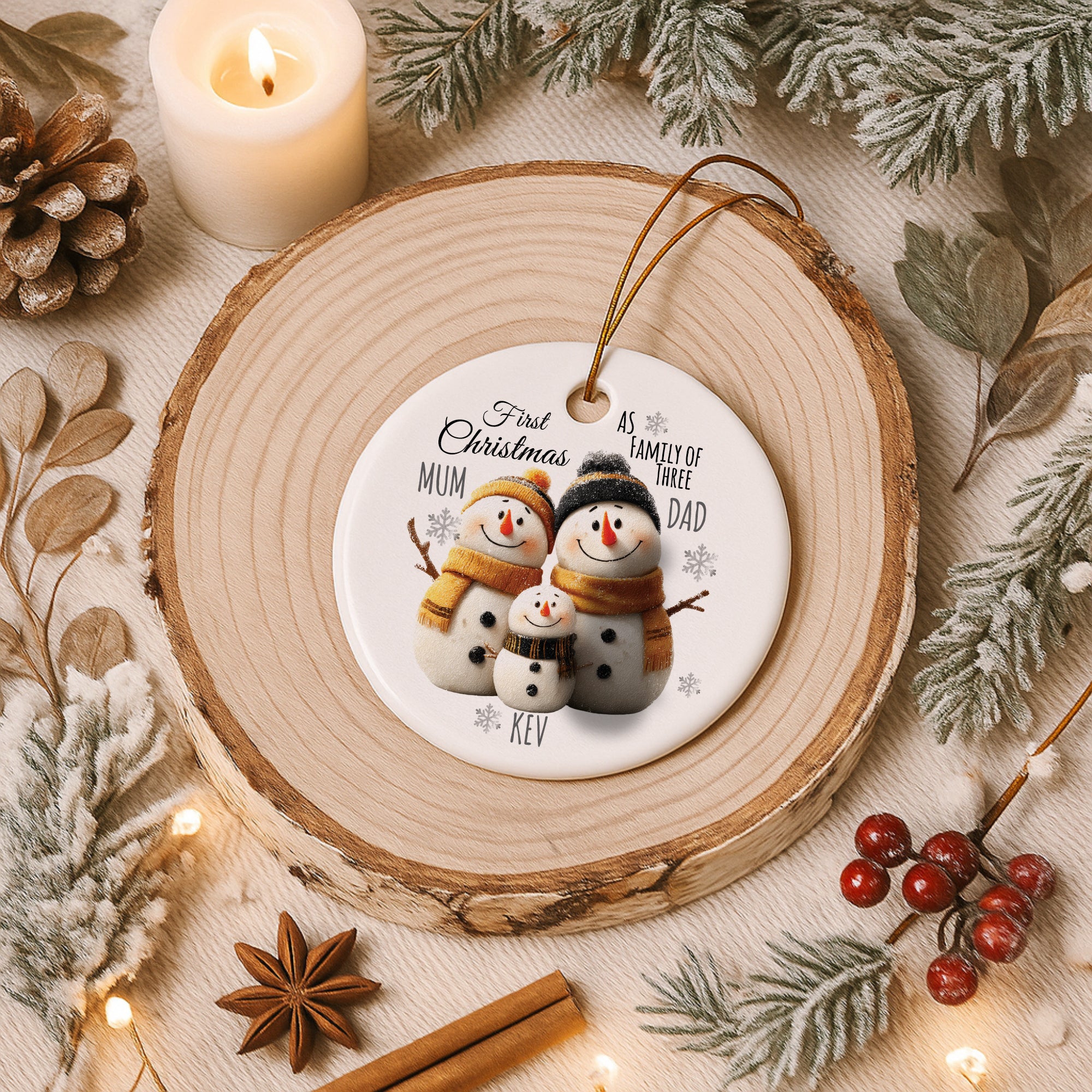 First Christmas as a Family Snowman Decoration Keepsake Christmas Bauble Gift Personalised Heart Gifts ukgiftstoreonline Family of Three