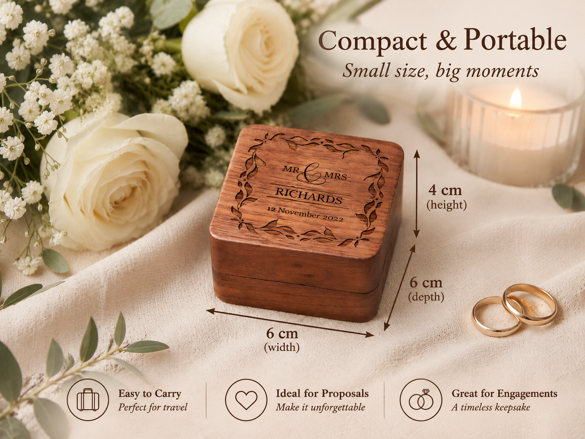 Personalised Wedding Ring Box Holder for 2 Rings With Border Ring Box Holder ukgiftstoreonline