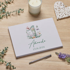 Personalised Luxury Large A4 1st Birthday Linen Cover Guestbook With Flowers and Butterflies