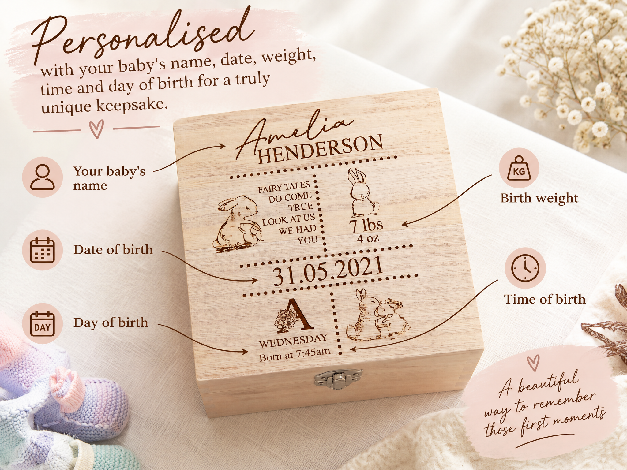 Personalised baby Wooden Memory Box Gift With birth Details Keepsake Memory Box ukgiftstoreonline