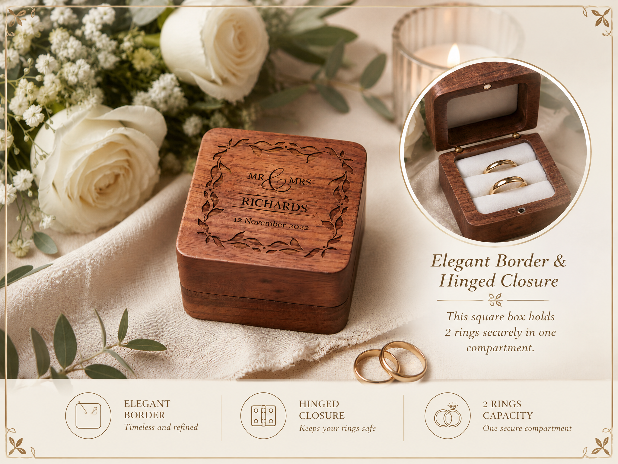 Personalised Wedding Ring Box Holder for 2 Rings With Border Ring Box Holder ukgiftstoreonline