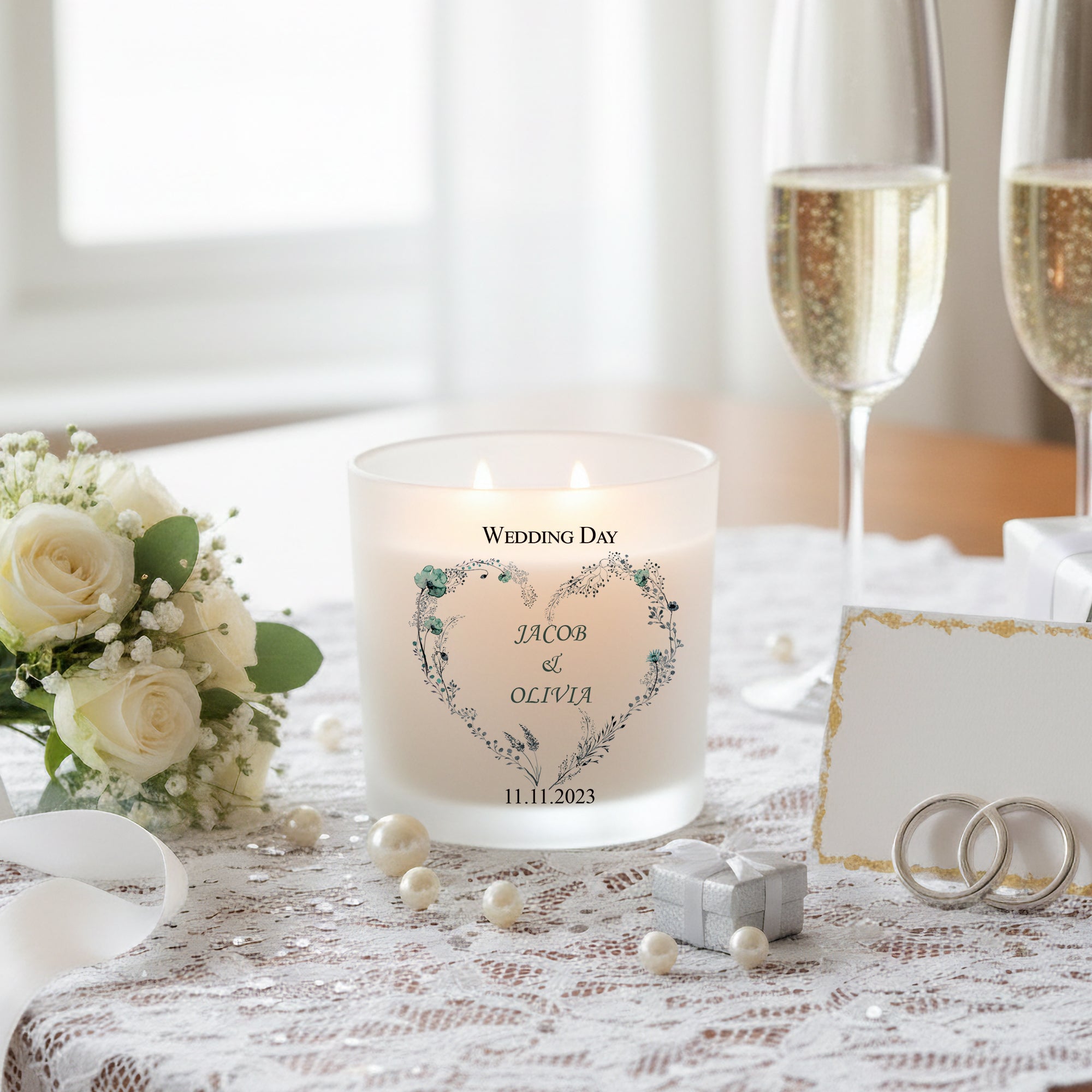 Personalised Large Double Wick Wedding Candle Gift With Dusty Blue Heart personalised Candle Lights ukgiftstoreonline