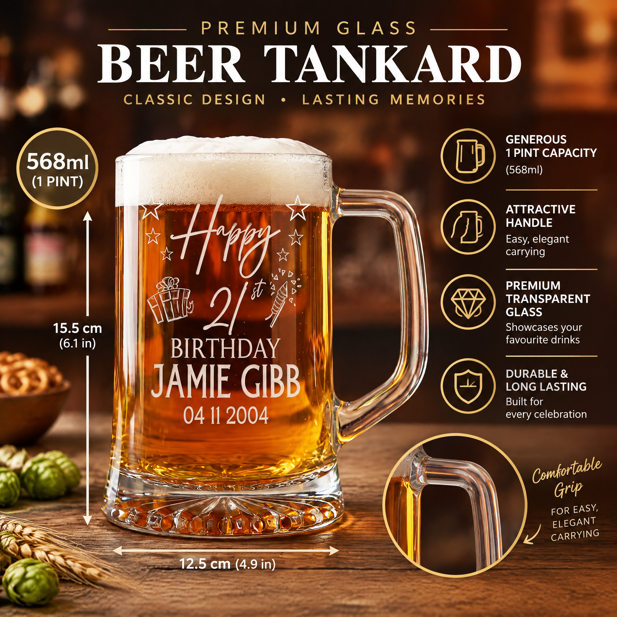Personalised 21st Birthday Pint Beer Tankard Glass with Stars personalised beer glasses ukgiftstoreonline