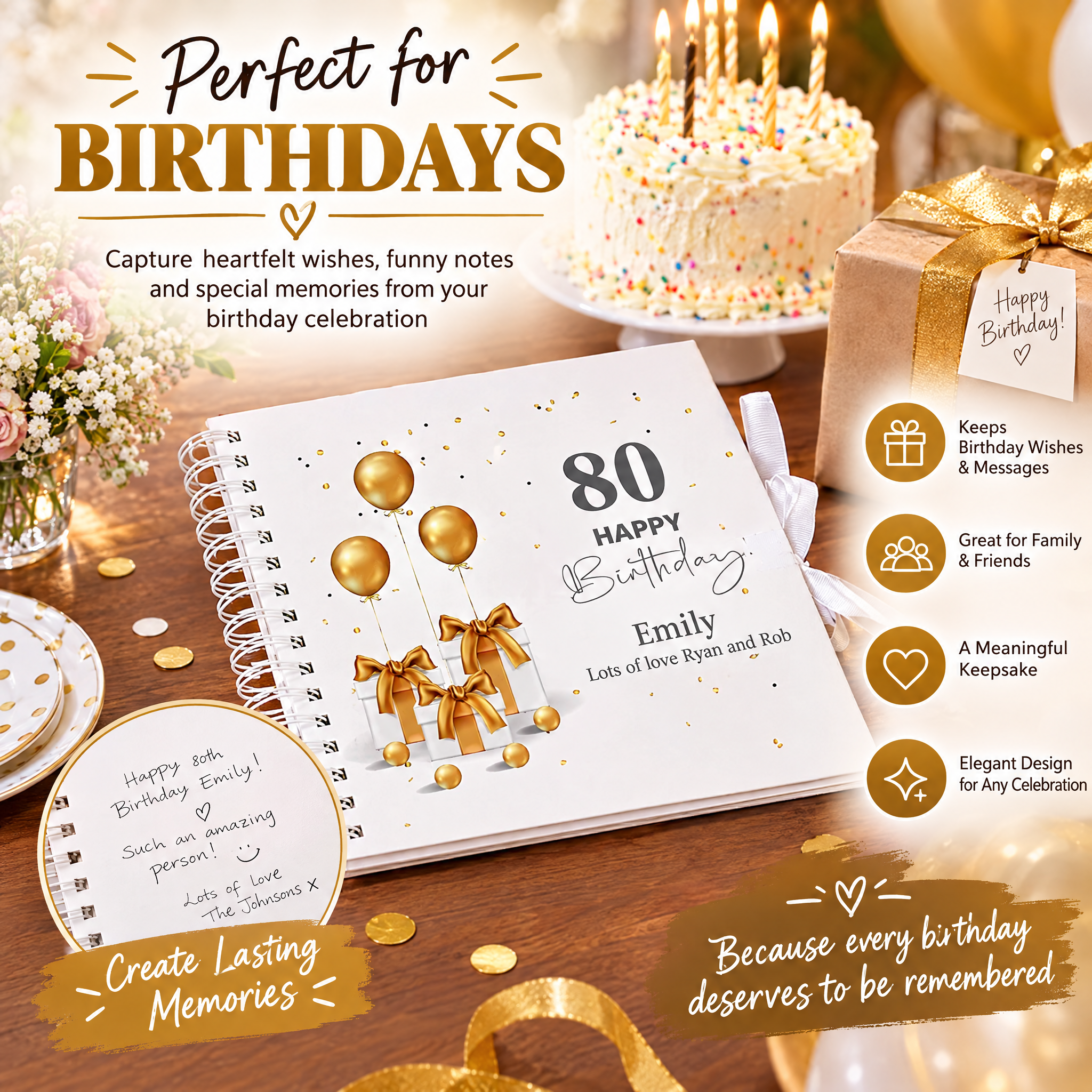 Personalised 80th Birthday Guest Book Scrapbook or Album Gold Presents Scrapbook ukgiftstoreonline