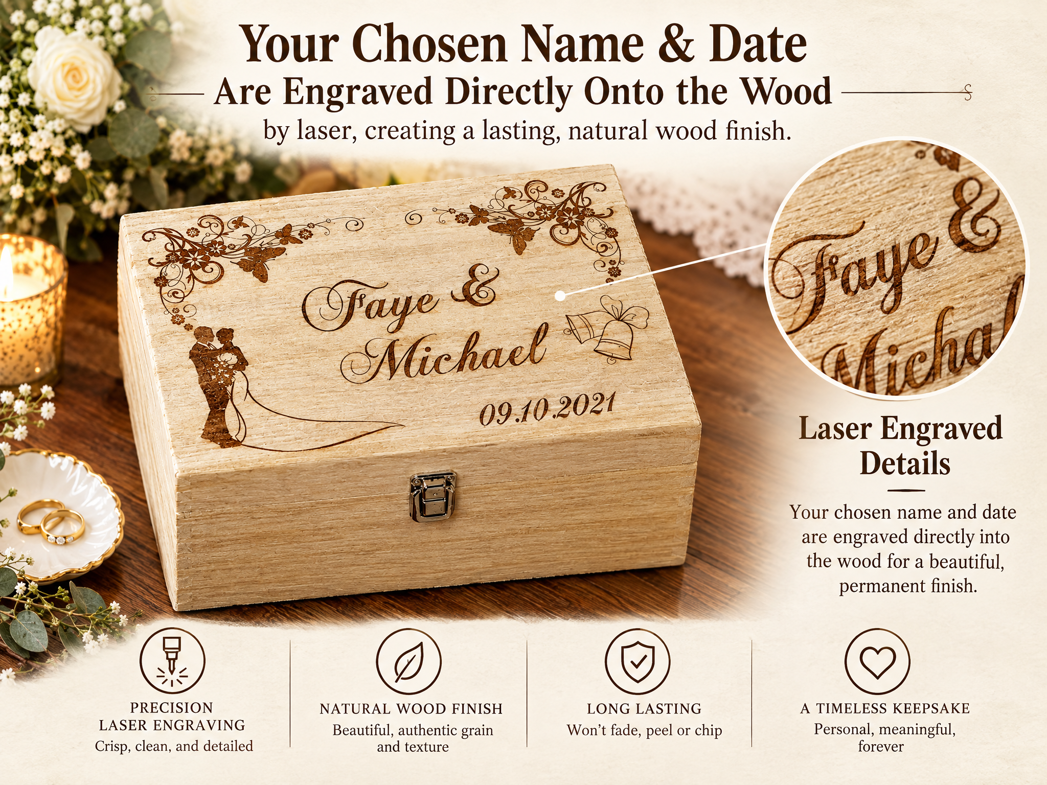 Personalised Large Wedding Floral Design Wooden Memories Keepsake Box Keepsake Memory Box Raised Words