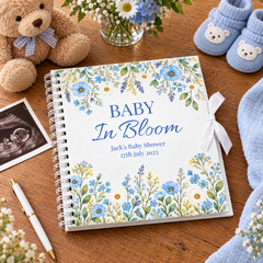 Personalised Blue Baby Shower Guestbook, Wildflower Scrapbook, 8X8 Inch