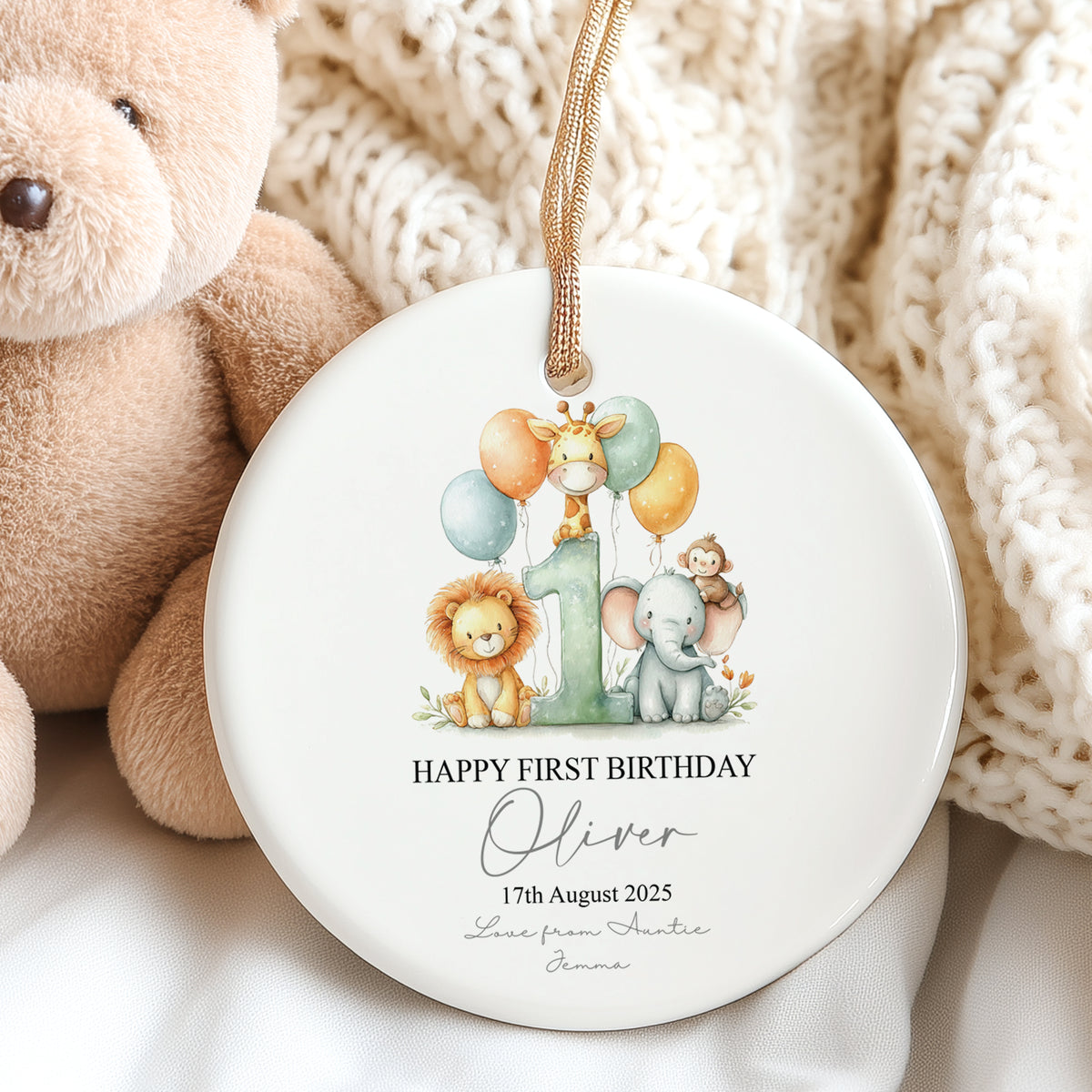 Personalised First Birthday Ornament Keepsake Gift With Safari Animals Personalised Heart Gifts ukgiftstoreonline Design 1