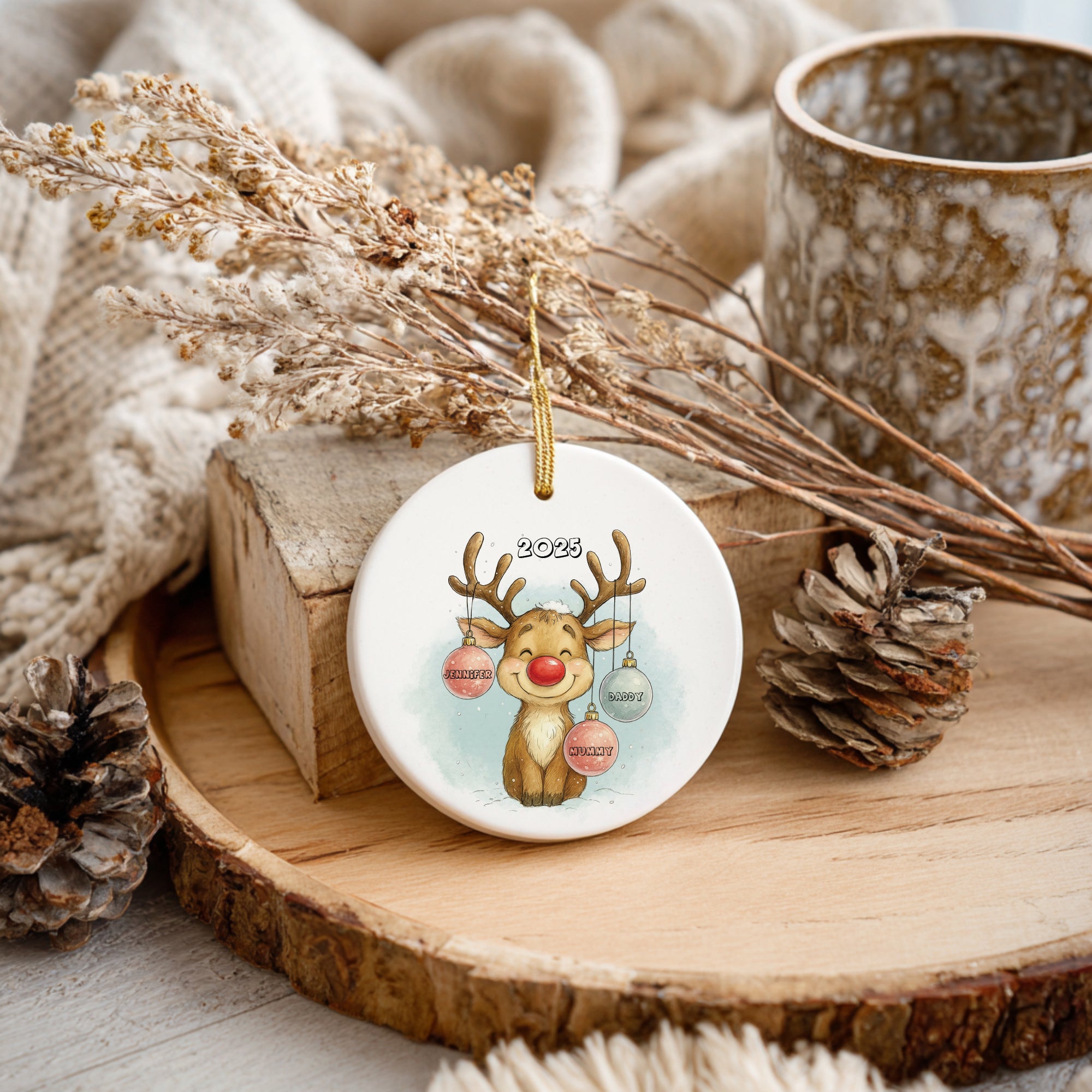 First Christmas as a Family Reindeer Decoration Keepsake Christmas Bauble Gift Personalised Heart Gifts ukgiftstoreonline Family of Three