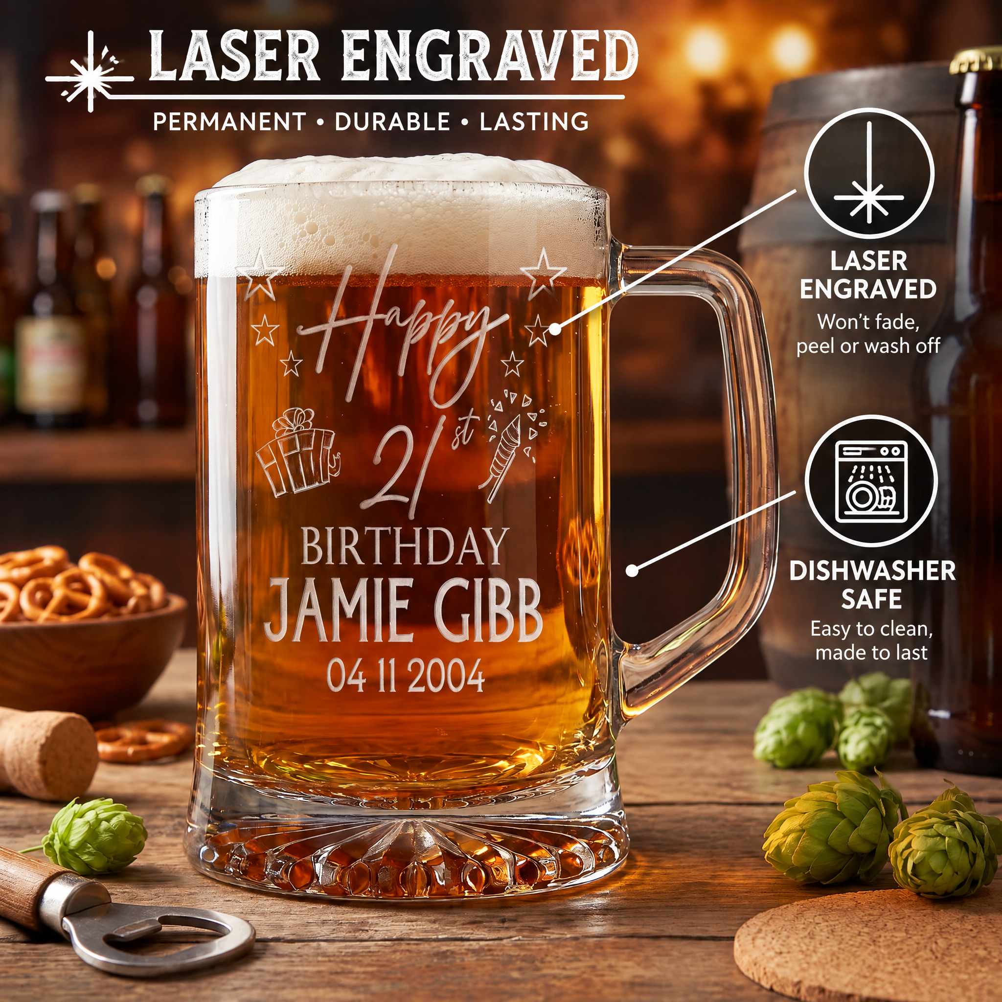 Personalised 21st Birthday Pint Beer Tankard Glass with Stars personalised beer glasses ukgiftstoreonline