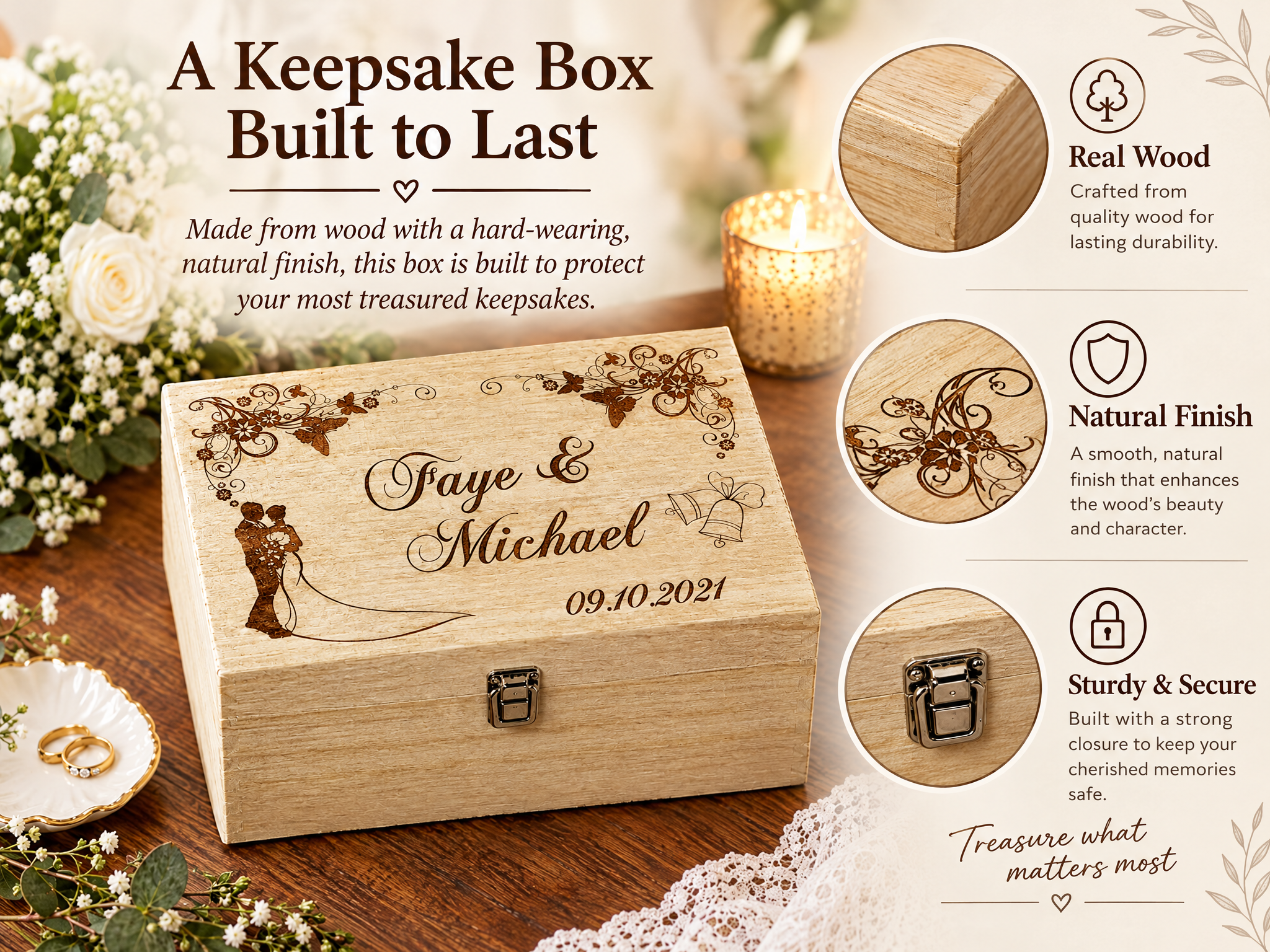 Personalised Large Wedding Floral Design Wooden Memories Keepsake Box Keepsake Memory Box Raised Words