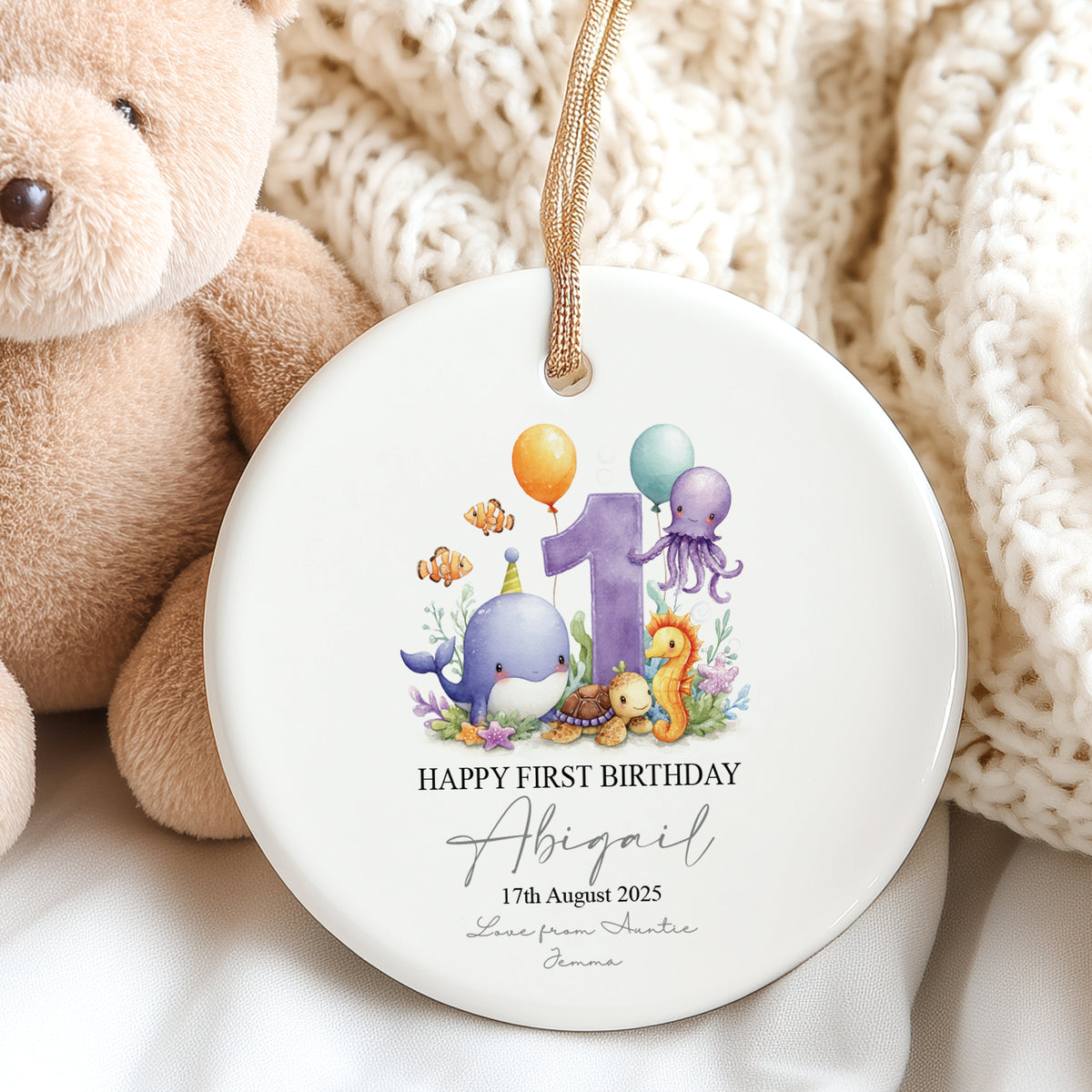 Personalised First Birthday Ornament Keepsake Gift With Sea Mammals Personalised Heart Gifts ukgiftstoreonline Design 1