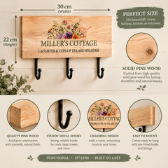 Personalised Solid Wood Key or Coat Hook For New Home, Summer House Floral Design ukgiftstoreonline