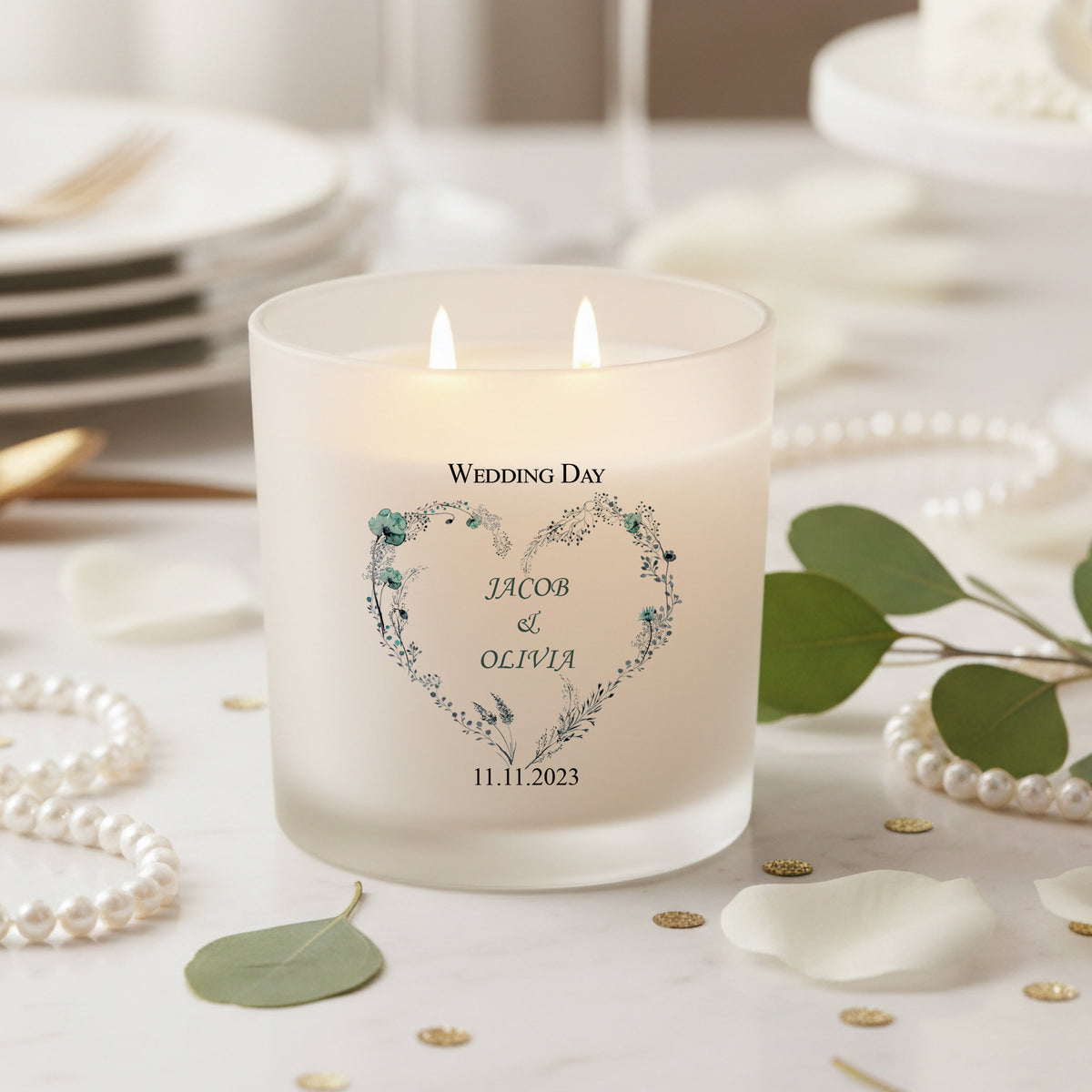 Personalised Large Double Wick Wedding Candle Gift With Dusty Blue Heart personalised Candle Lights ukgiftstoreonline