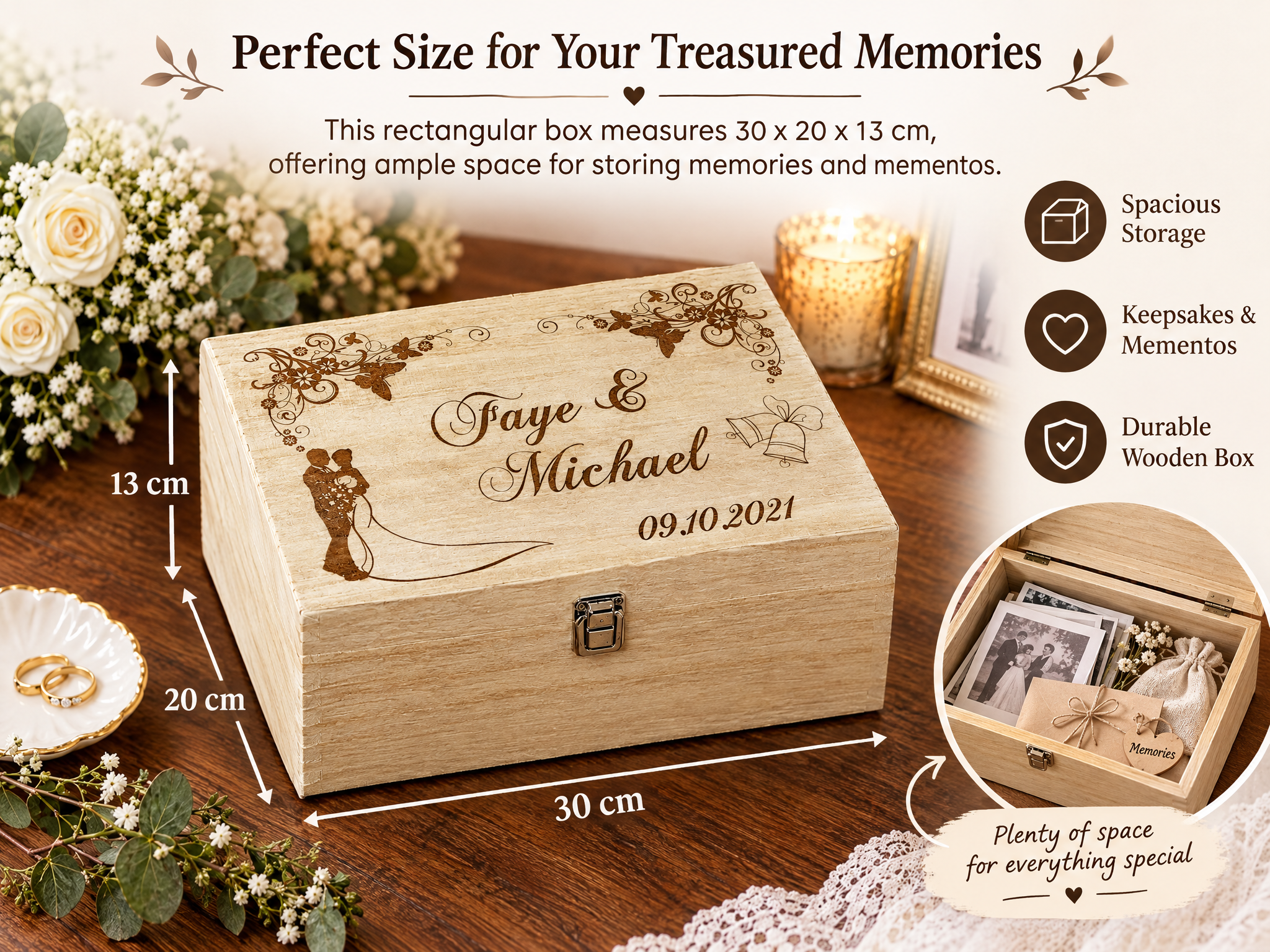 Personalised Large Wedding Floral Design Wooden Memories Keepsake Box Keepsake Memory Box Raised Words