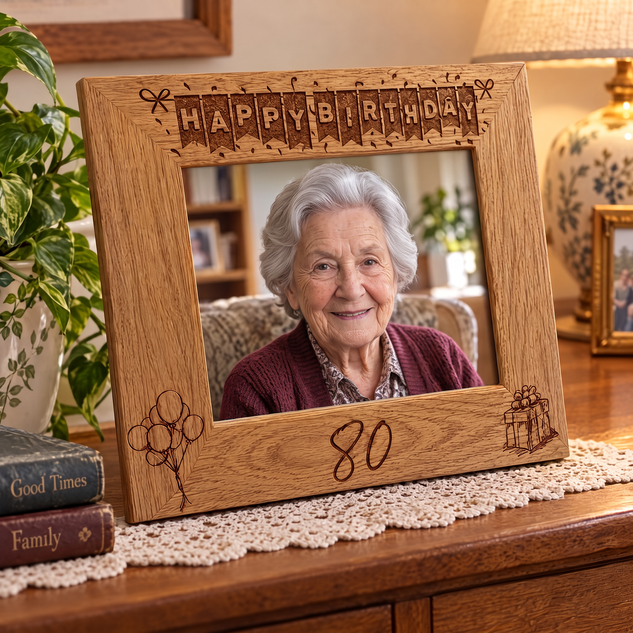 80th Birthday Photo Frame Landscape Wooden Engraved Bunting Style Gift Birthday Photo Frame ukgiftstoreonline