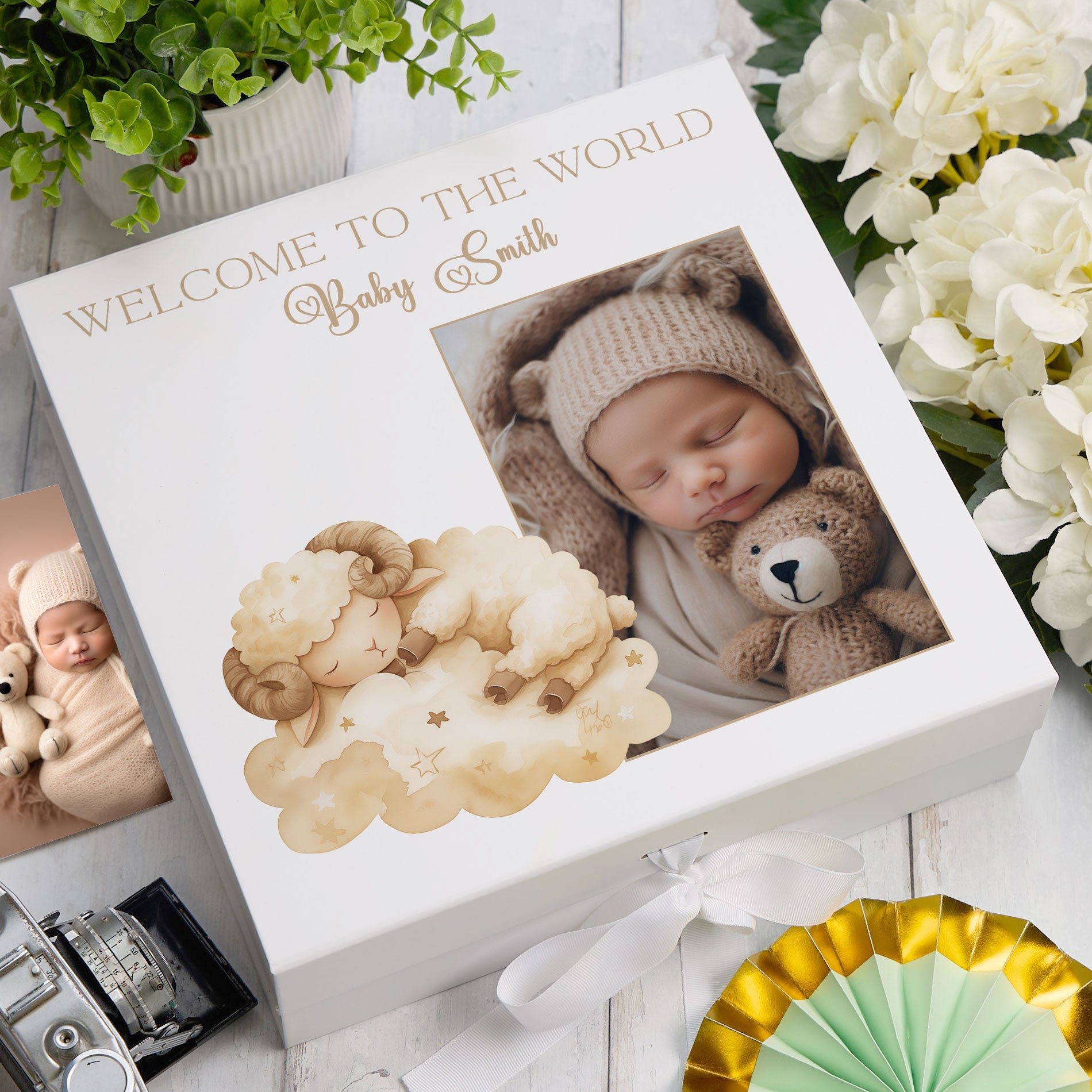 Personalised White Baby Memory Box, Cute Sleeping Animal Design, Keepsake For Special and Favourite Mementos