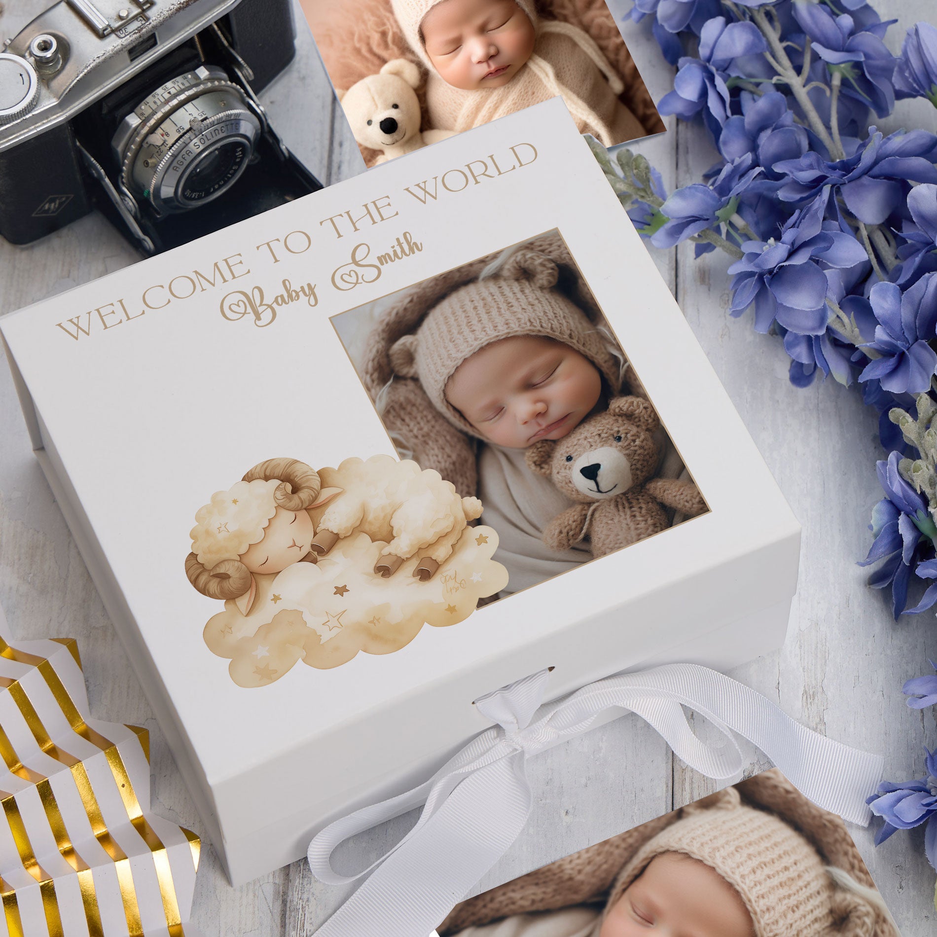 Personalised White Baby Memory Box, Cute Sleeping Animal Design, Keepsake For Special and Favourite Mementos