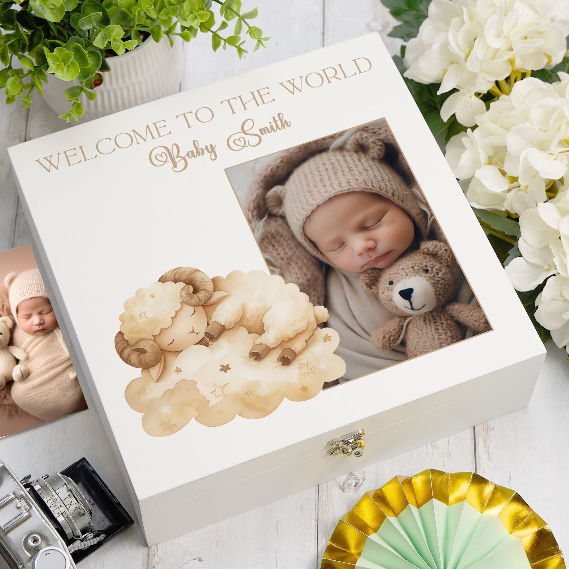 Personalised White Baby Memory Box, Cute Sleeping Animal Design, Keepsake For Special and Favourite Mementos
