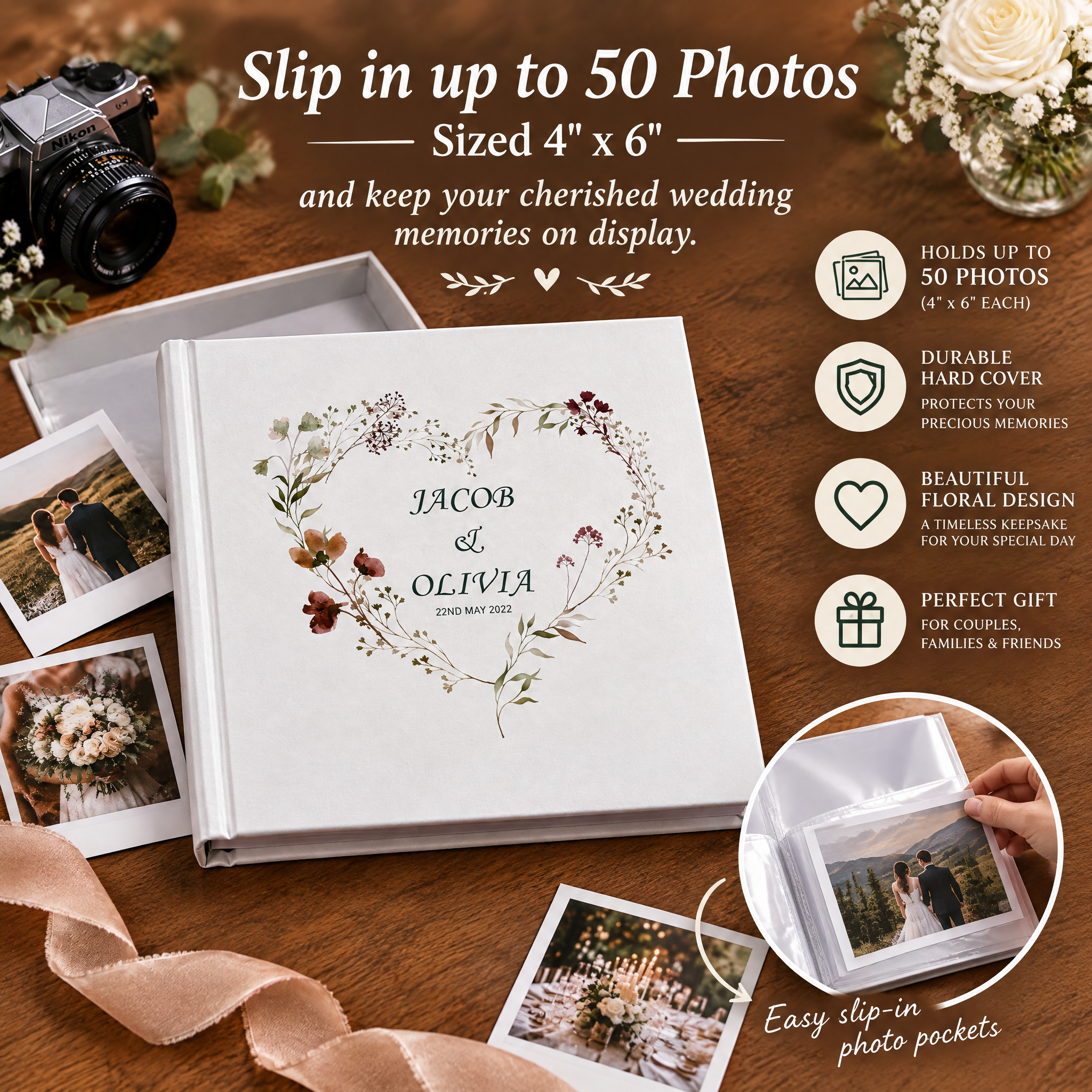 Personalised Wedding Photo Album Gift Watercolour Floral Heart photo album ukgiftstoreonline