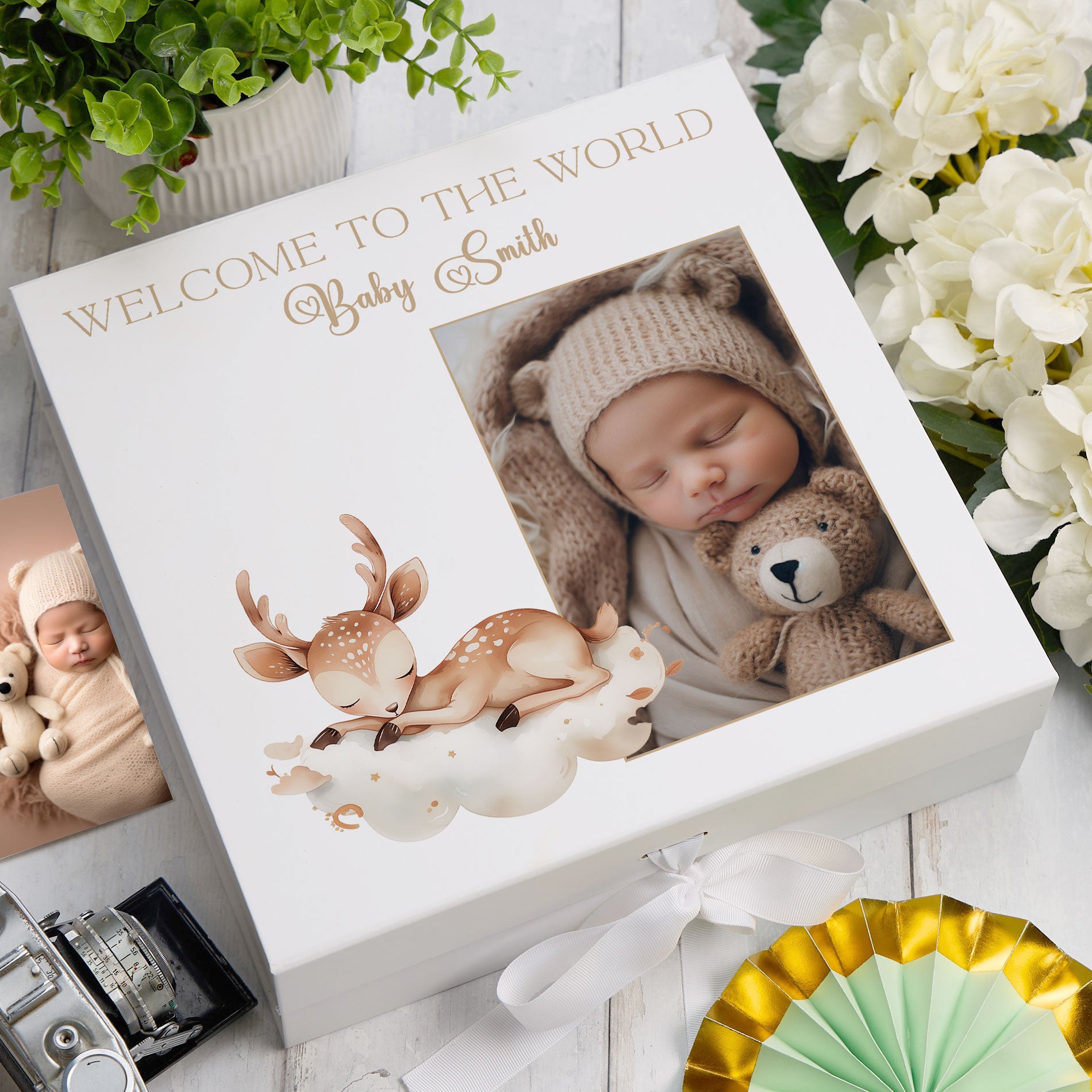 Personalised White Baby Memory Box, Cute Sleeping Animal Design, Keepsake For Special and Favourite Mementos