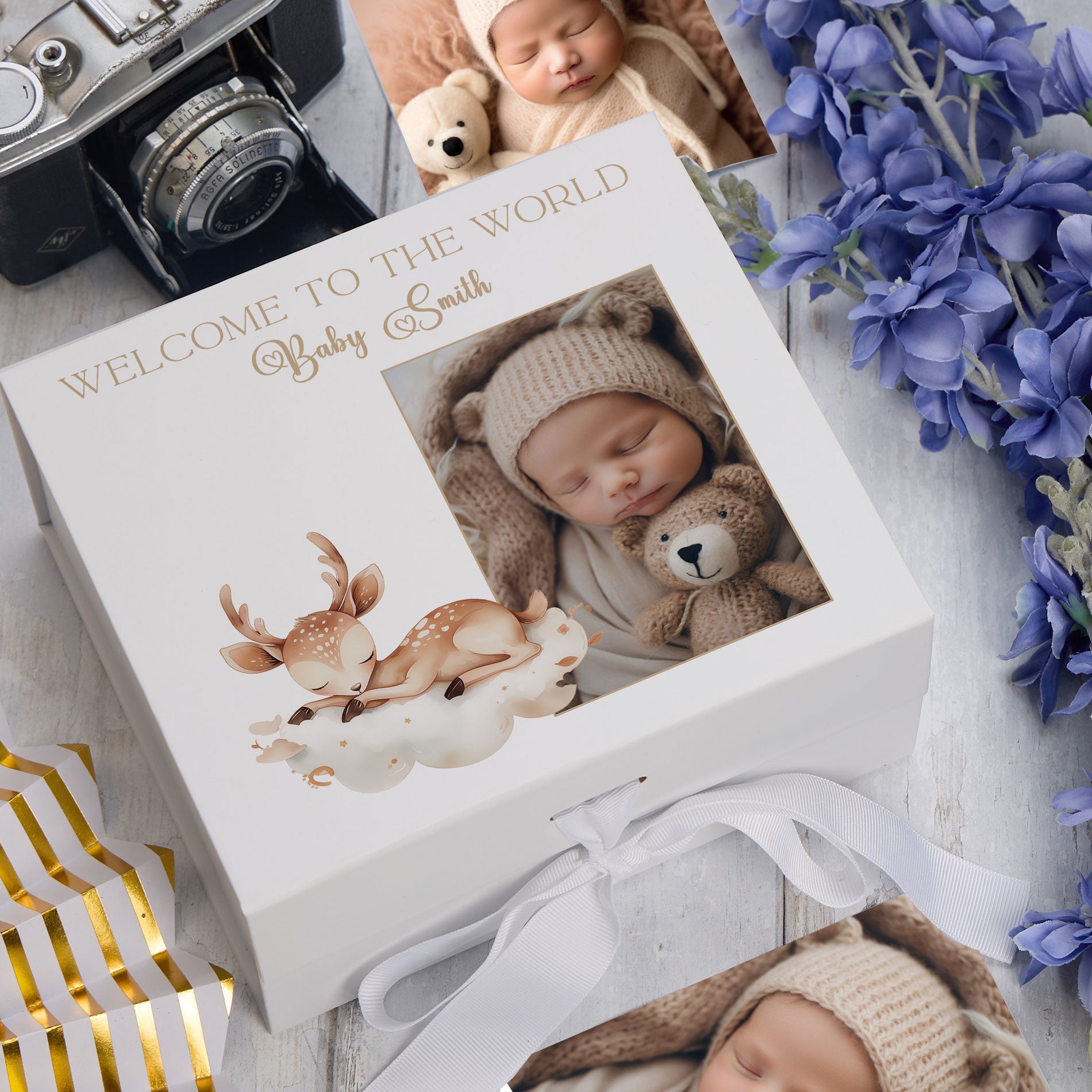 Personalised White Baby Memory Box, Cute Sleeping Animal Design, Keepsake For Special and Favourite Mementos