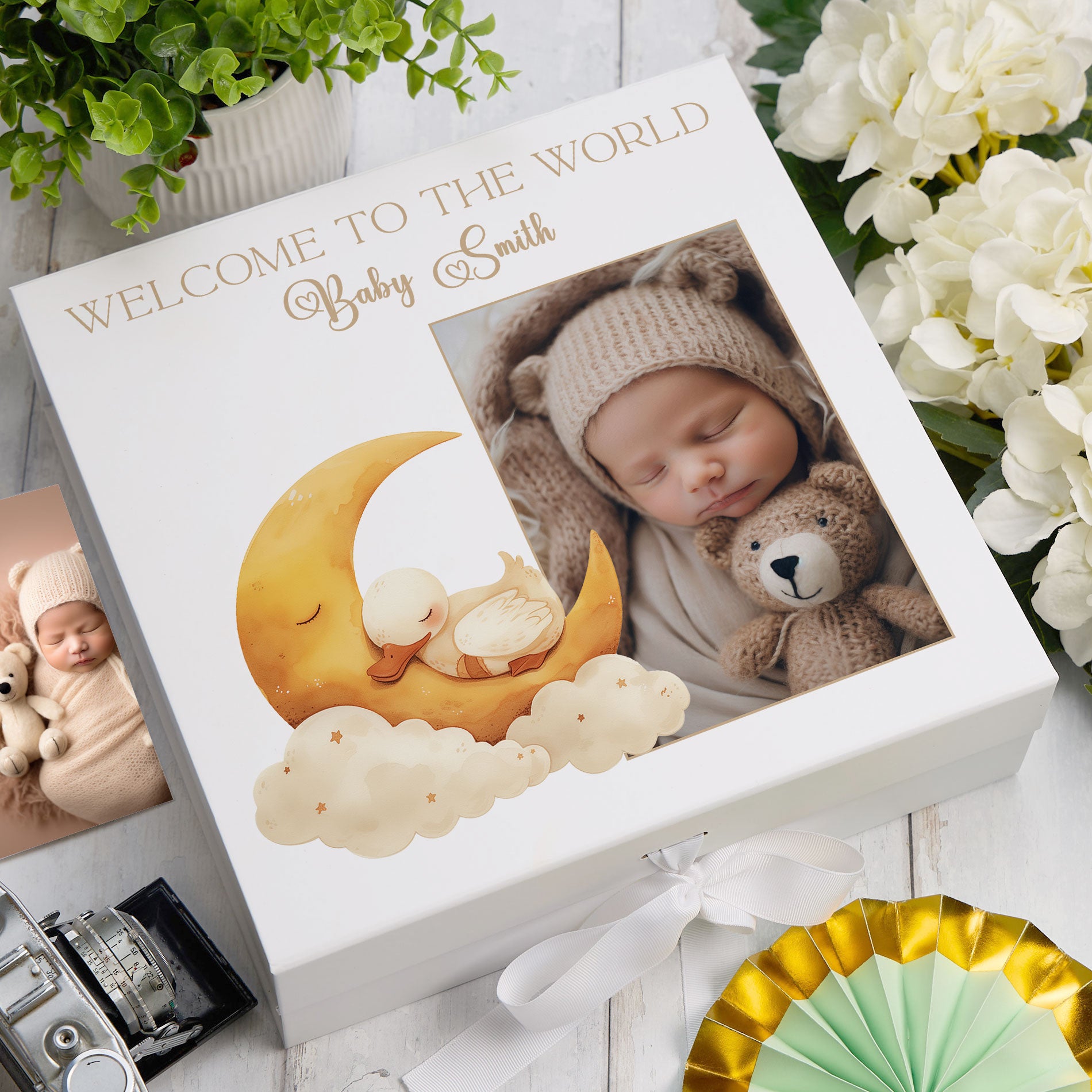 Personalised White Baby Memory Box, Cute Sleeping Animal Design, Keepsake For Special and Favourite Mementos