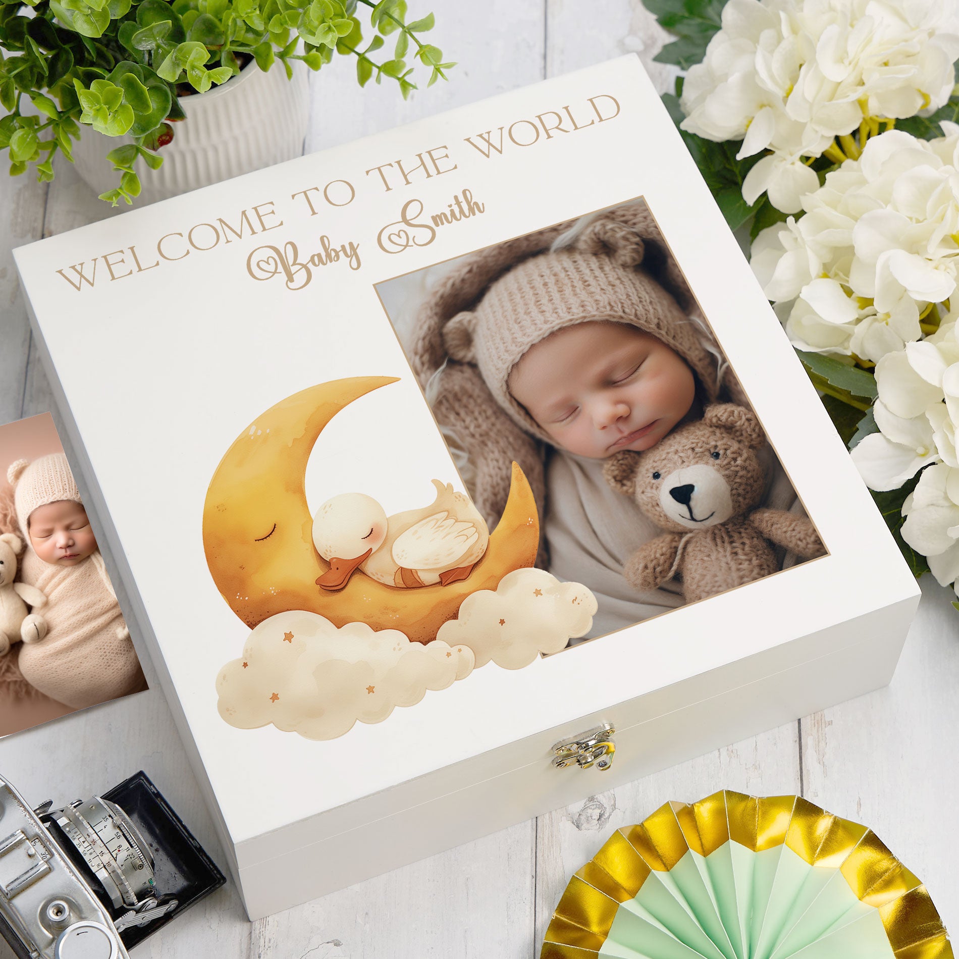 Personalised White Baby Memory Box, Cute Sleeping Animal Design, Keepsake For Special and Favourite Mementos