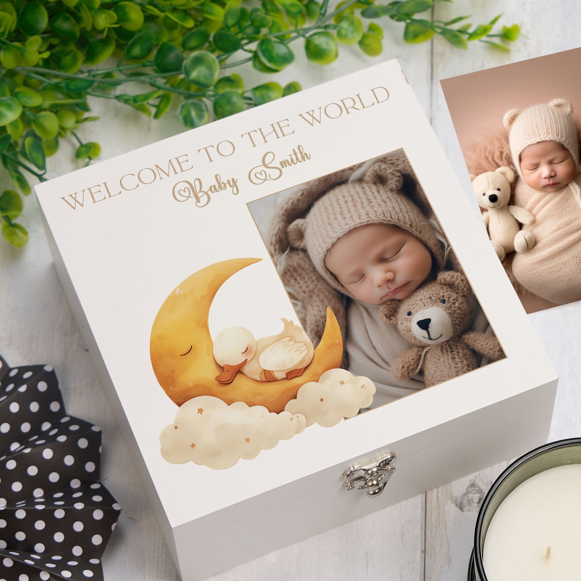 Personalised White Baby Memory Box, Cute Sleeping Animal Design, Keepsake For Special and Favourite Mementos