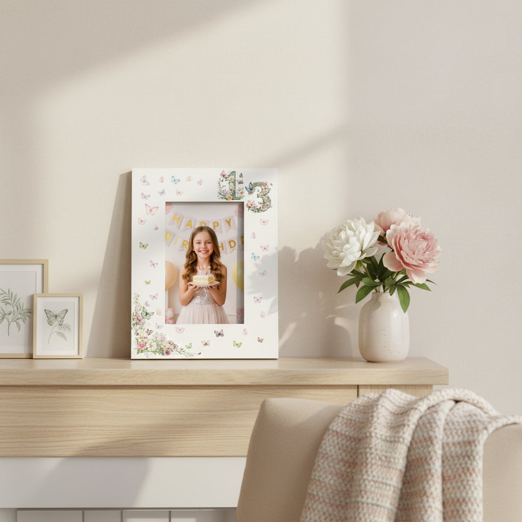 13th Birthday Photo Picture Frame Gift For Her With Butterflies and Flowers