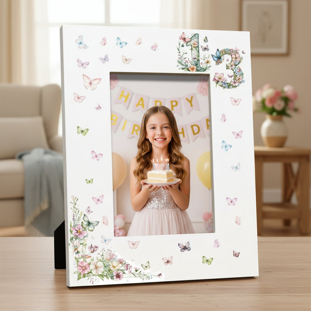 13th Birthday Photo Picture Frame Gift For Her With Butterflies and Flowers