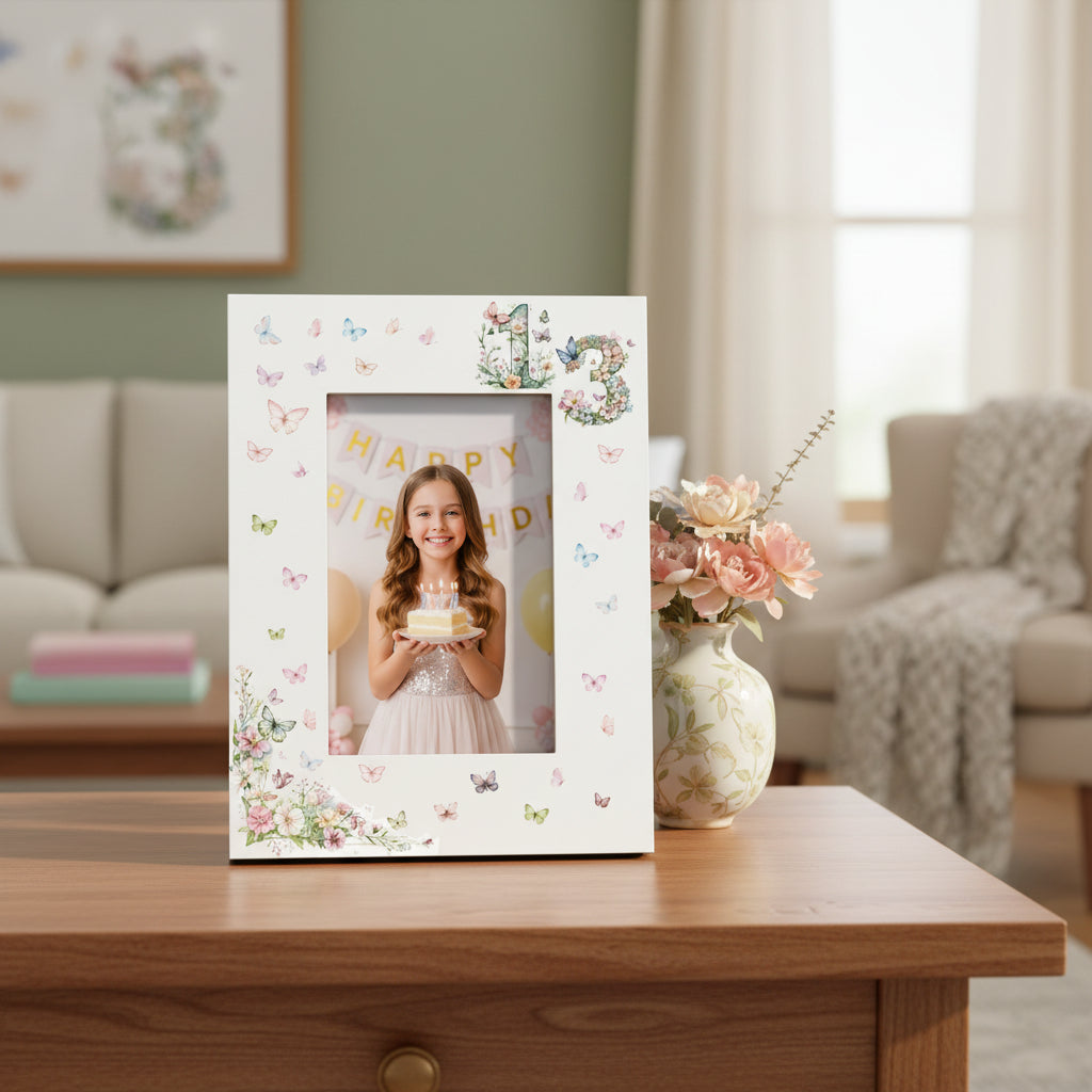 13th Birthday Photo Picture Frame Gift For Her With Butterflies and Flowers