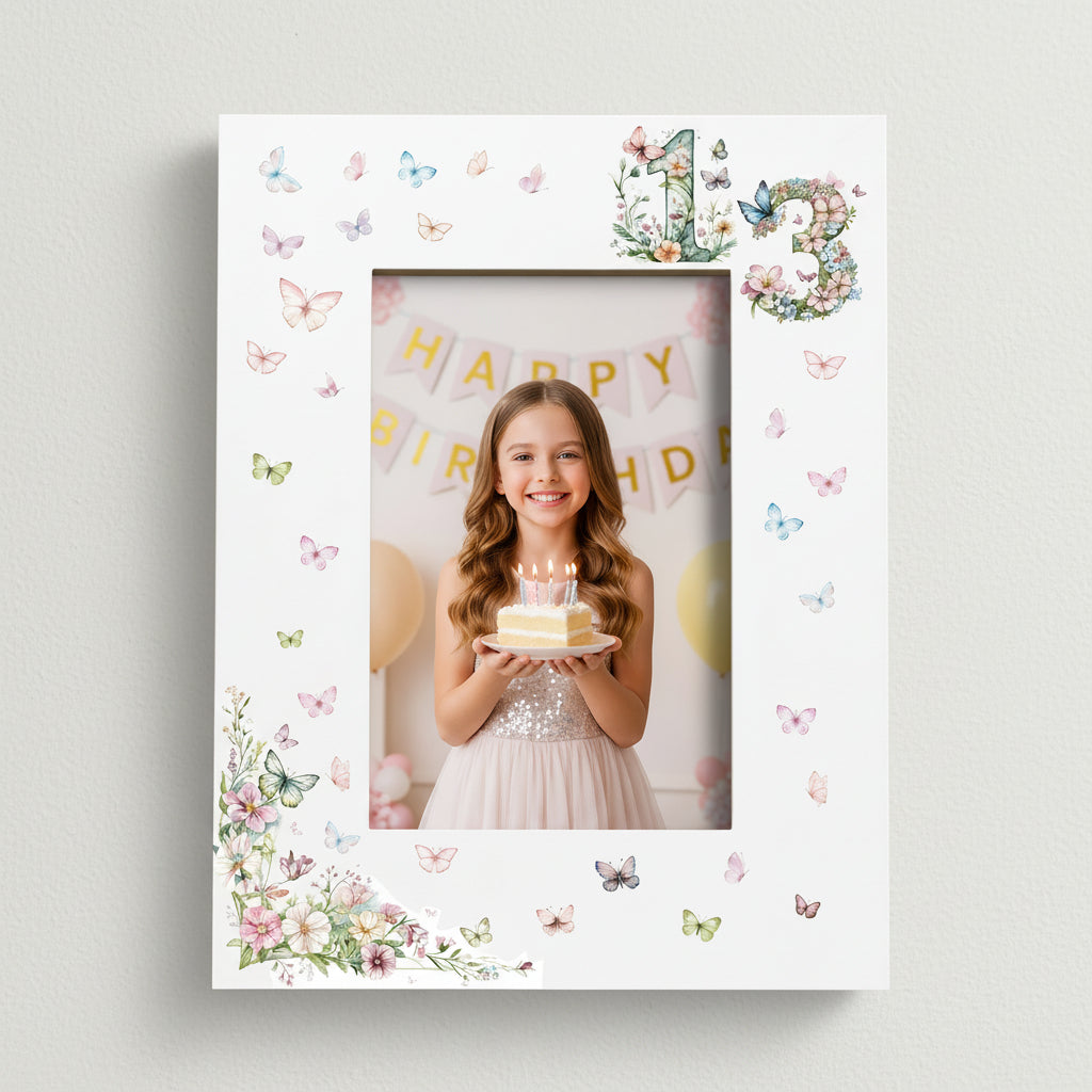 13th Birthday Photo Picture Frame Gift For Her With Butterflies and Flowers