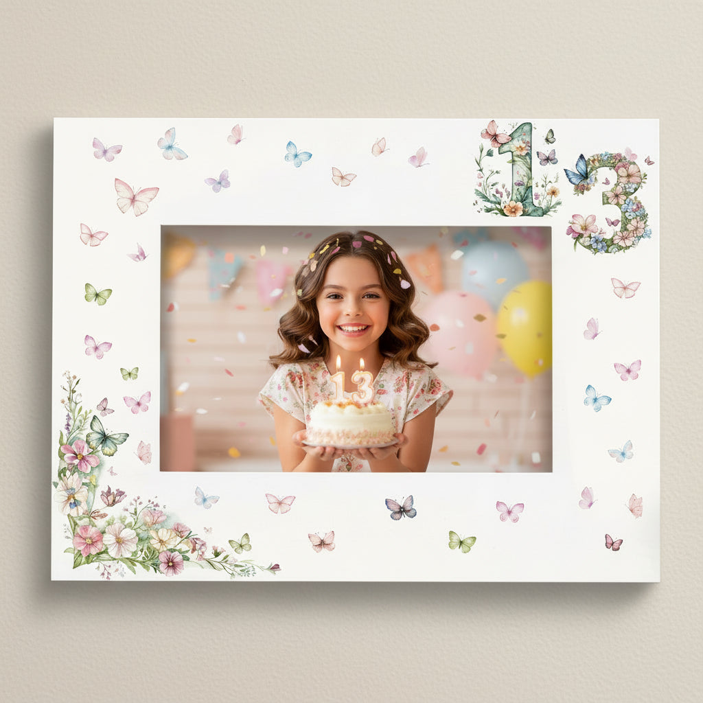 13th Birthday Photo Picture Frame Gift For Her With Butterflies and Flowers