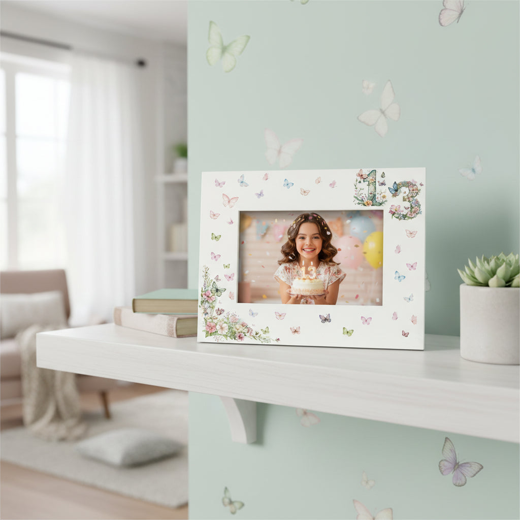 13th Birthday Photo Picture Frame Gift For Her With Butterflies and Flowers