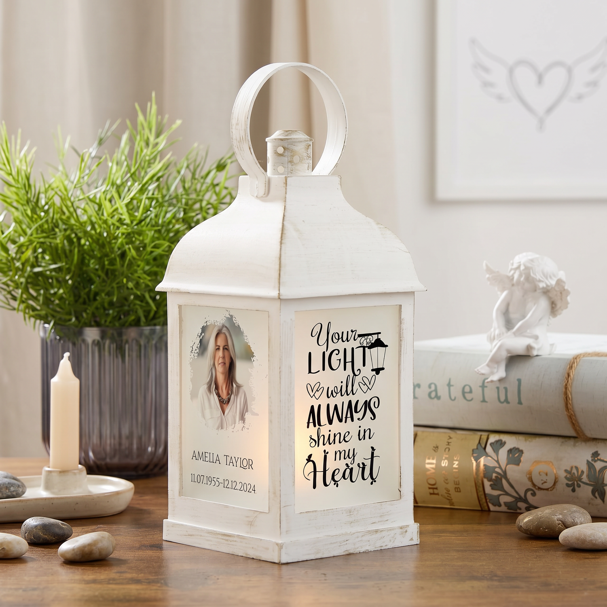 Personalised Memorial Lantern - Custom Photo Lantern With Warm Flickering Flame Light Personalised Lights ukgiftstoreonline White Lantern