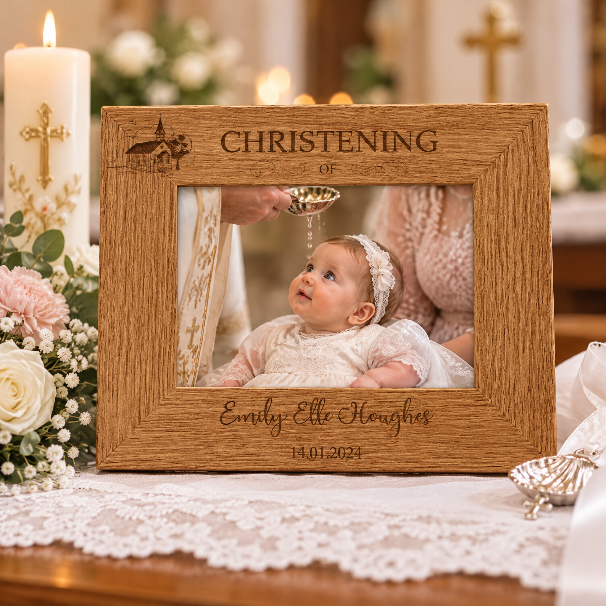 Personalised Engraved Wooden Christening Photo Picture Frame Landscape With Church Sketch Photo Frame ukgiftstoreonline