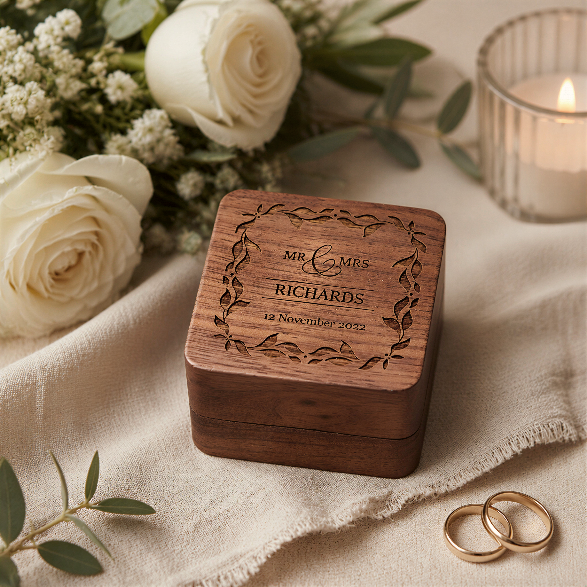 Personalised Wedding Ring Box Holder for 2 Rings With Border Ring Box Holder ukgiftstoreonline
