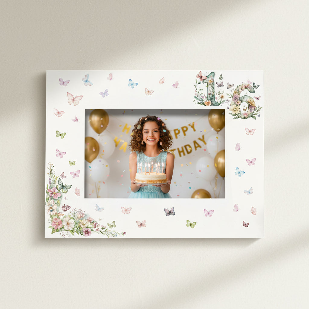 16th Birthday Photo Picture Frame Gift For Her With Butterflies and Flowers Photo Frame ukgiftstoreonline