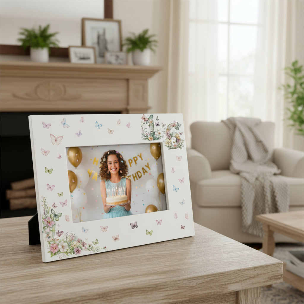 16th Birthday Photo Picture Frame Gift For Her With Butterflies and Flowers Photo Frame ukgiftstoreonline